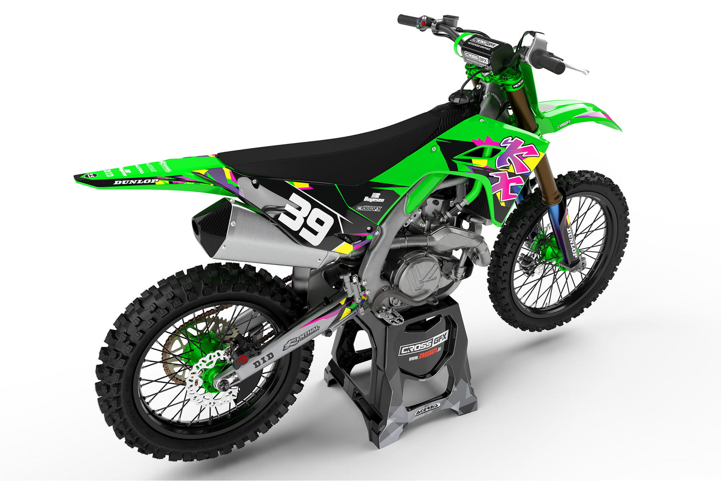Off-Road 'Retro' Green Graphics Kit for Kawasaki Tail View on White Background