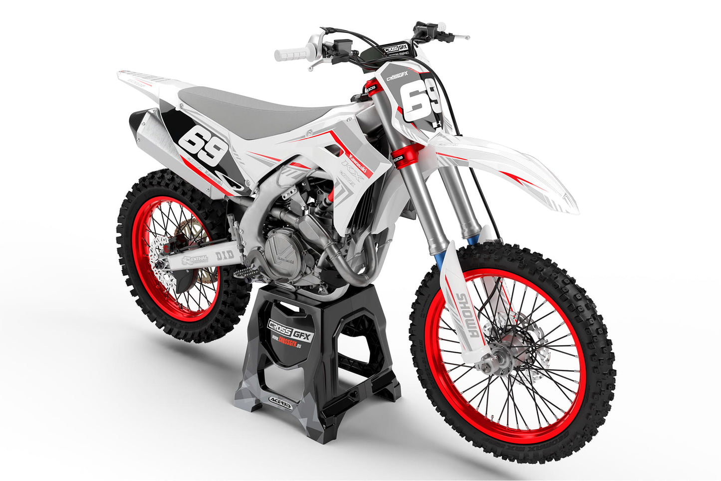 Motocross 'SHIFT' White Graphics Kit for Kawasaki Front View