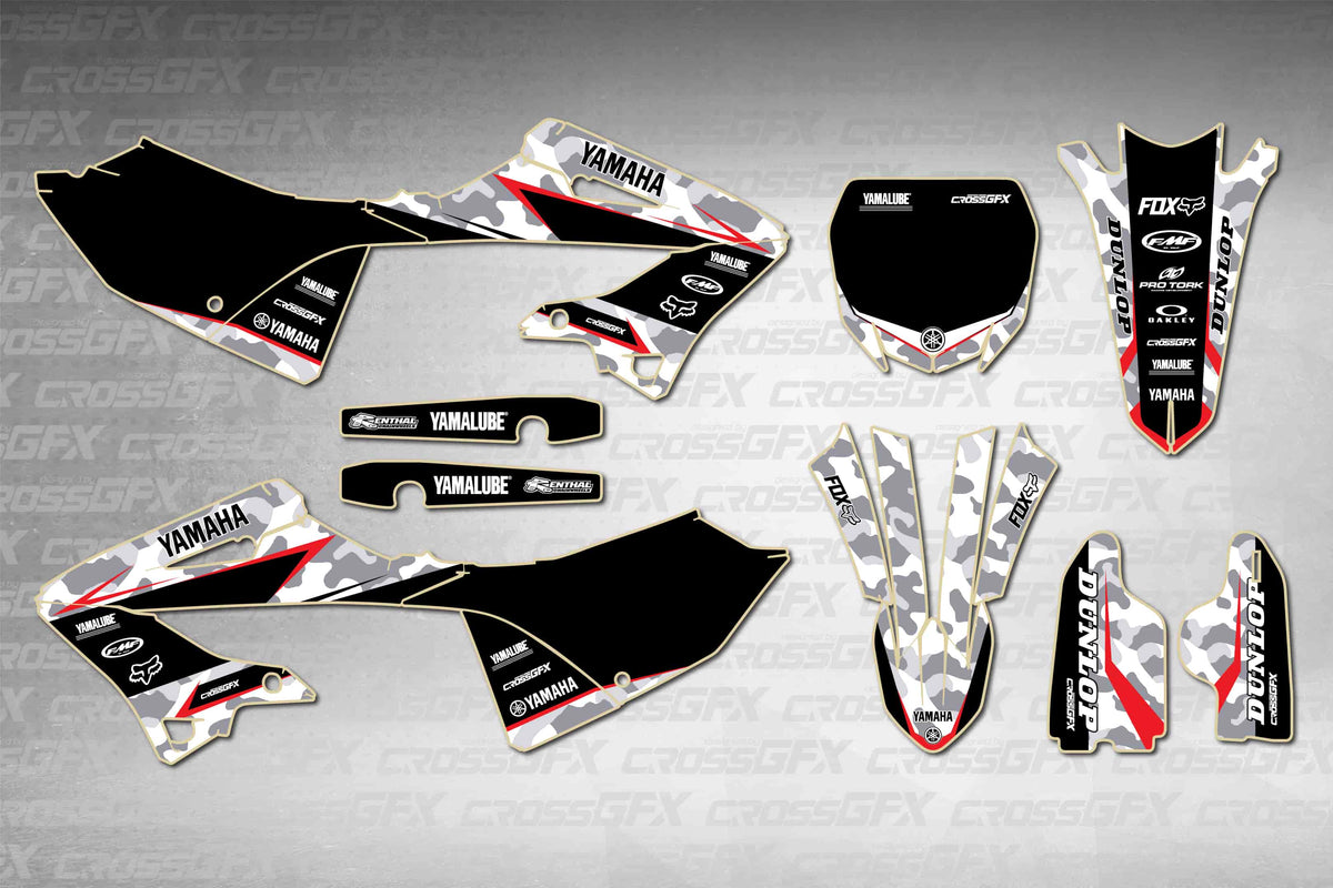 Yamaha YZ 250 2005-2007 Polisport 2022 Restyle Apache Grey graphics kit - flat layout showing all decal pieces included
