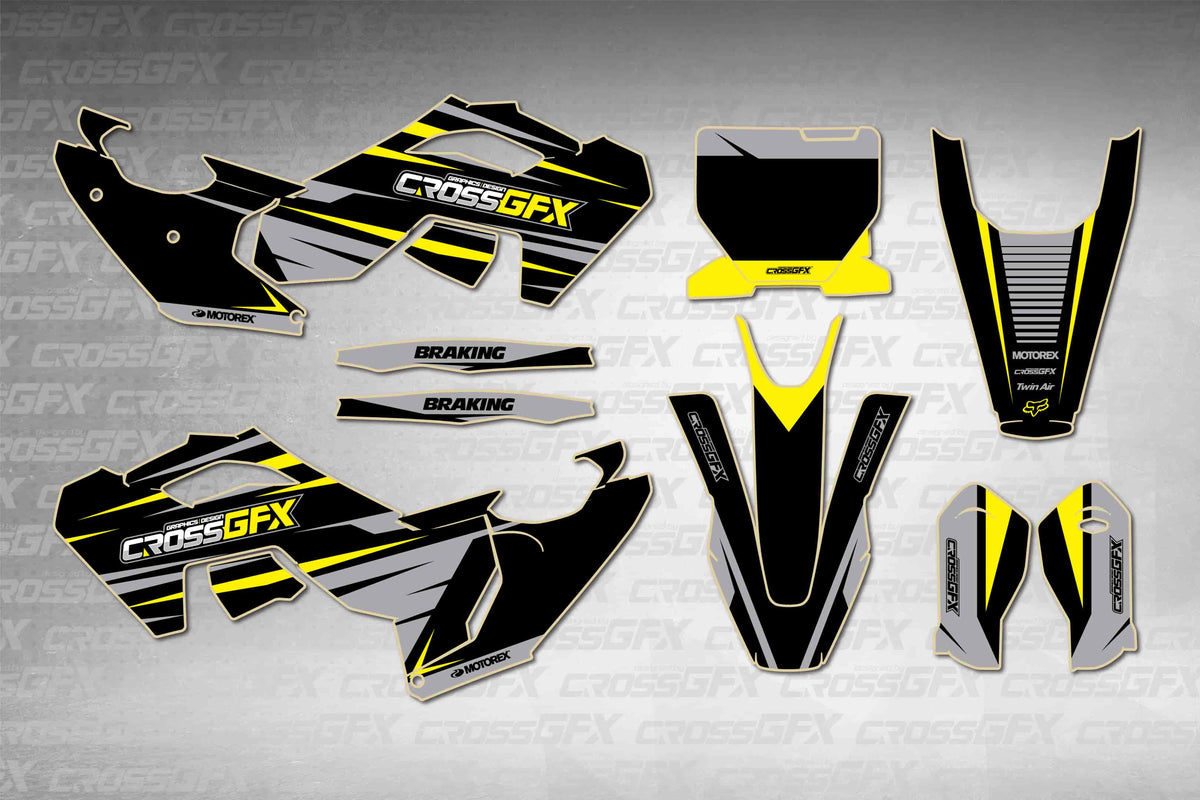 Husqvarna FS 450 2023-2024 Apex Black graphics kit - flat layout showing all decal pieces included