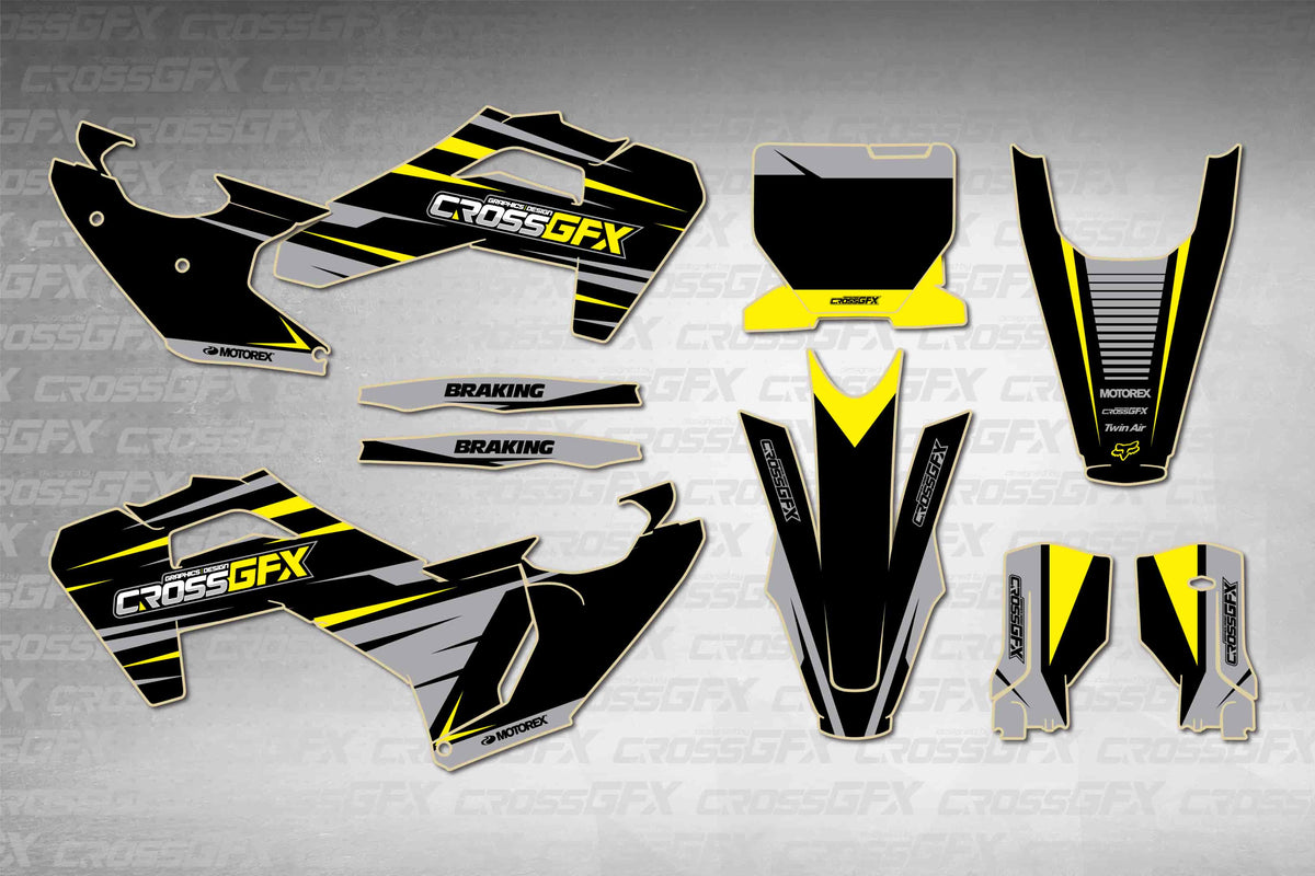 Husqvarna TC 2025-2026 Apex Black graphics kit - flat layout showing all decal pieces included