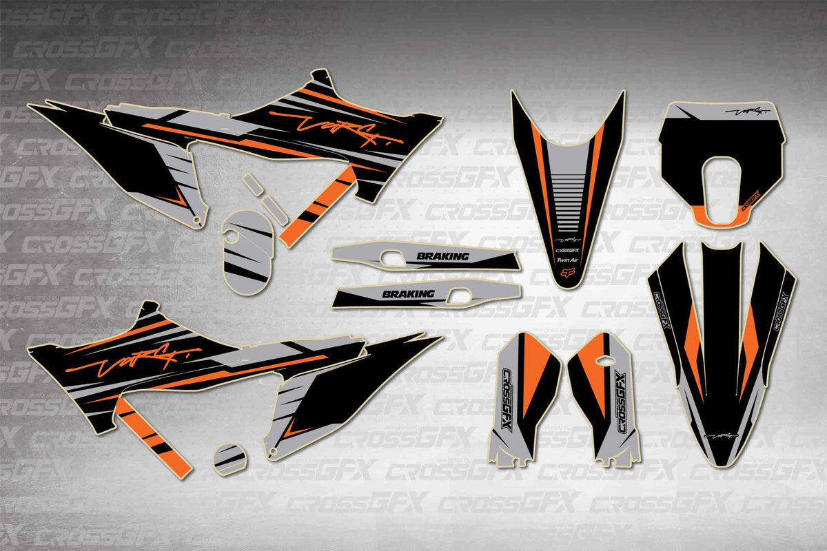 Stark Varg SM Apex Black graphics kit - flat layout showing all decal pieces included