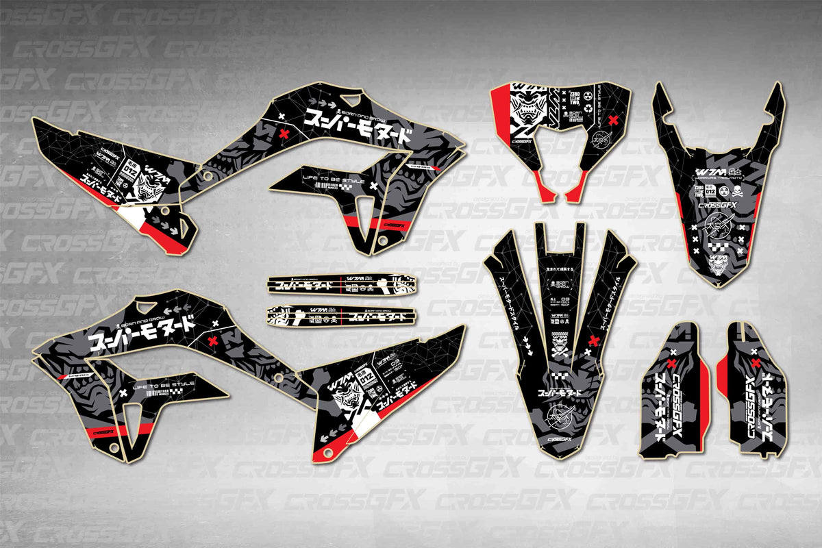 Honda CRF 300L 2025-2026 Asia Black graphics kit - flat layout showing all decal pieces included