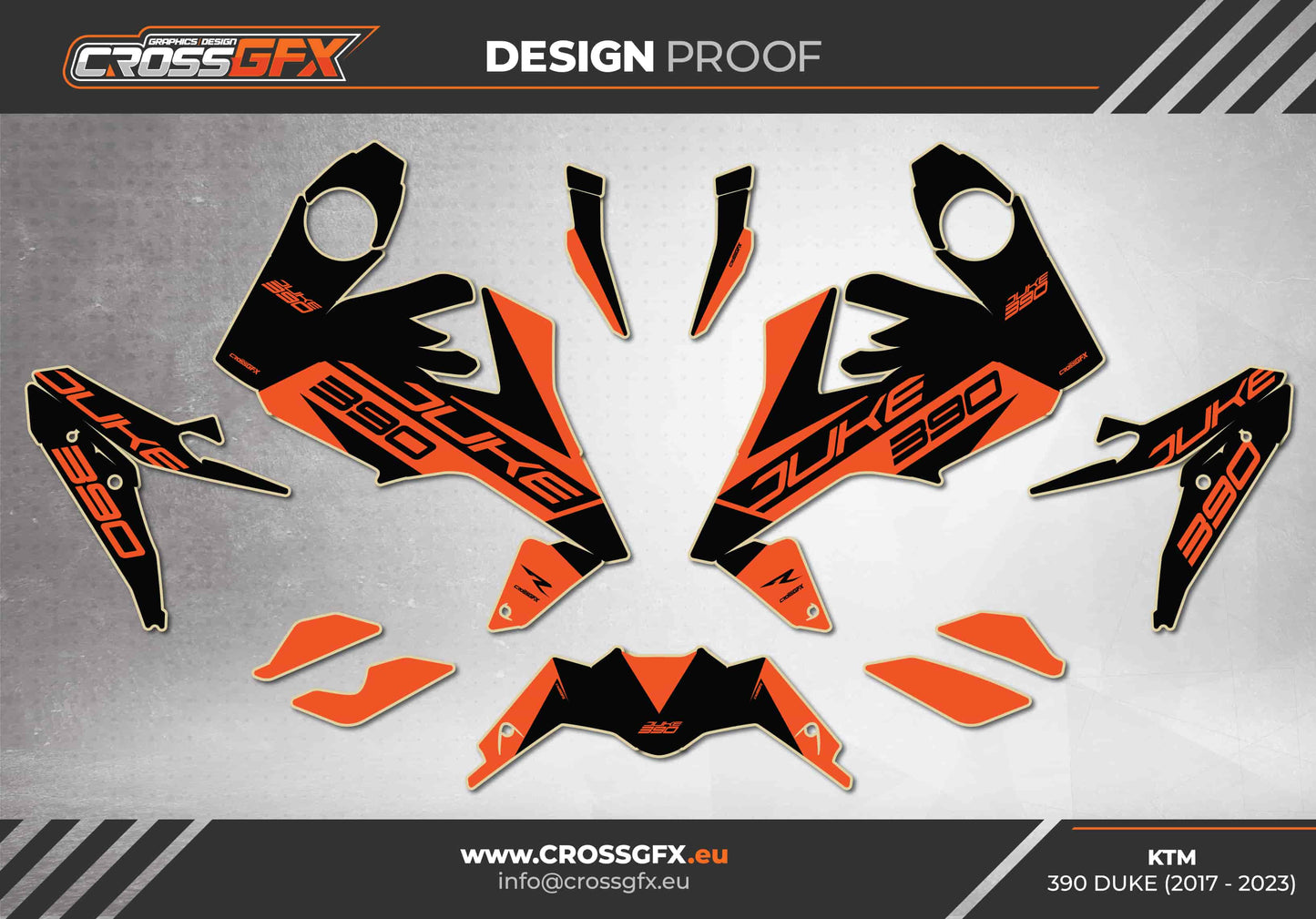 Design proof of street bike graphics with CrossGFX branding for KTM 390 Duke bike
