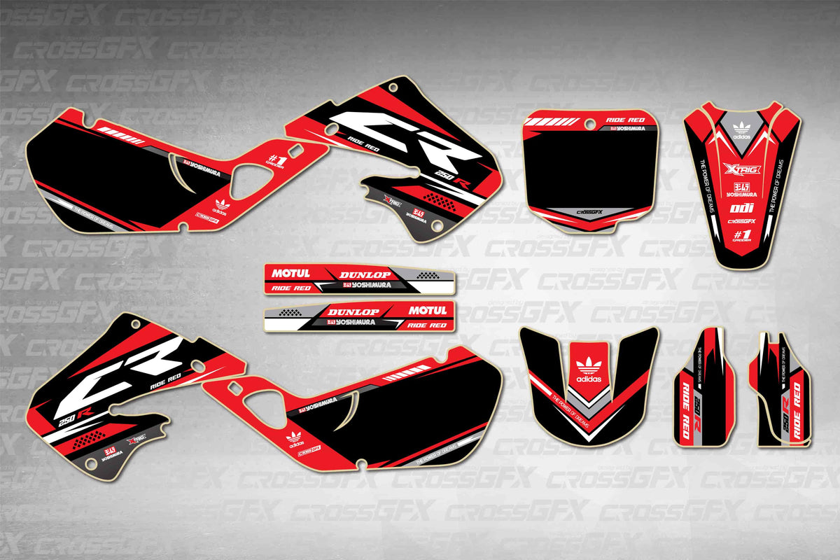 Graphics for Honda CR 250R 1997-1999 - Blaze Red - flat layout showing all decal pieces included