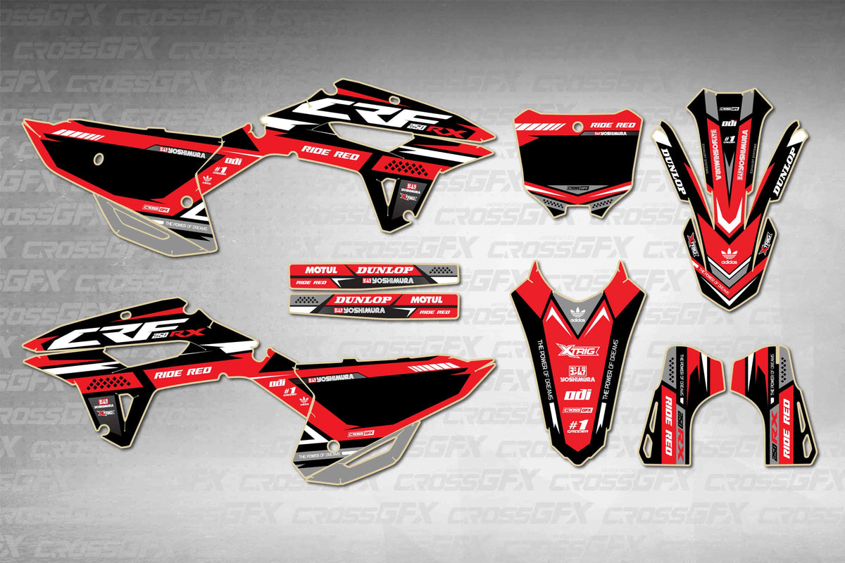 Graphics for Honda CRF 250RX 2022-2024 - Blaze Red - flat layout showing all decal pieces included