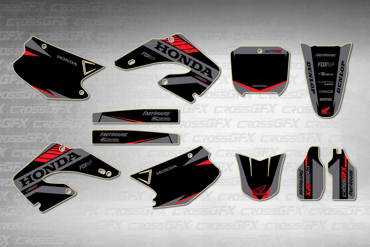Graphics for Honda CR 250R 2000-2001 - Blitz Black - flat layout showing all decal pieces included