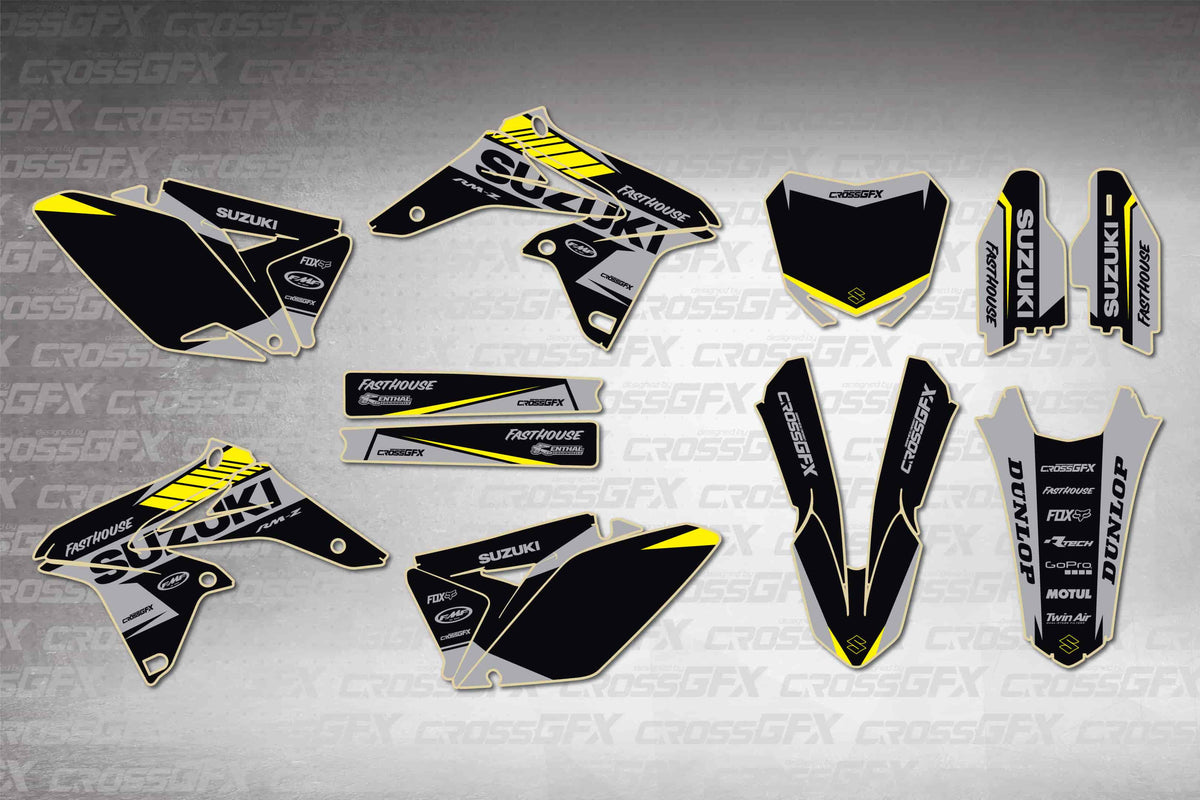 Graphics for Suzuki RMZ 250 2010-2018 - Blitz Black - flat layout showing all decal pieces included