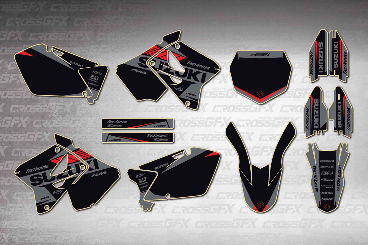 Graphics for Suzuki RM 125 2001-2008 - Blitz Red - flat layout showing all decal pieces included