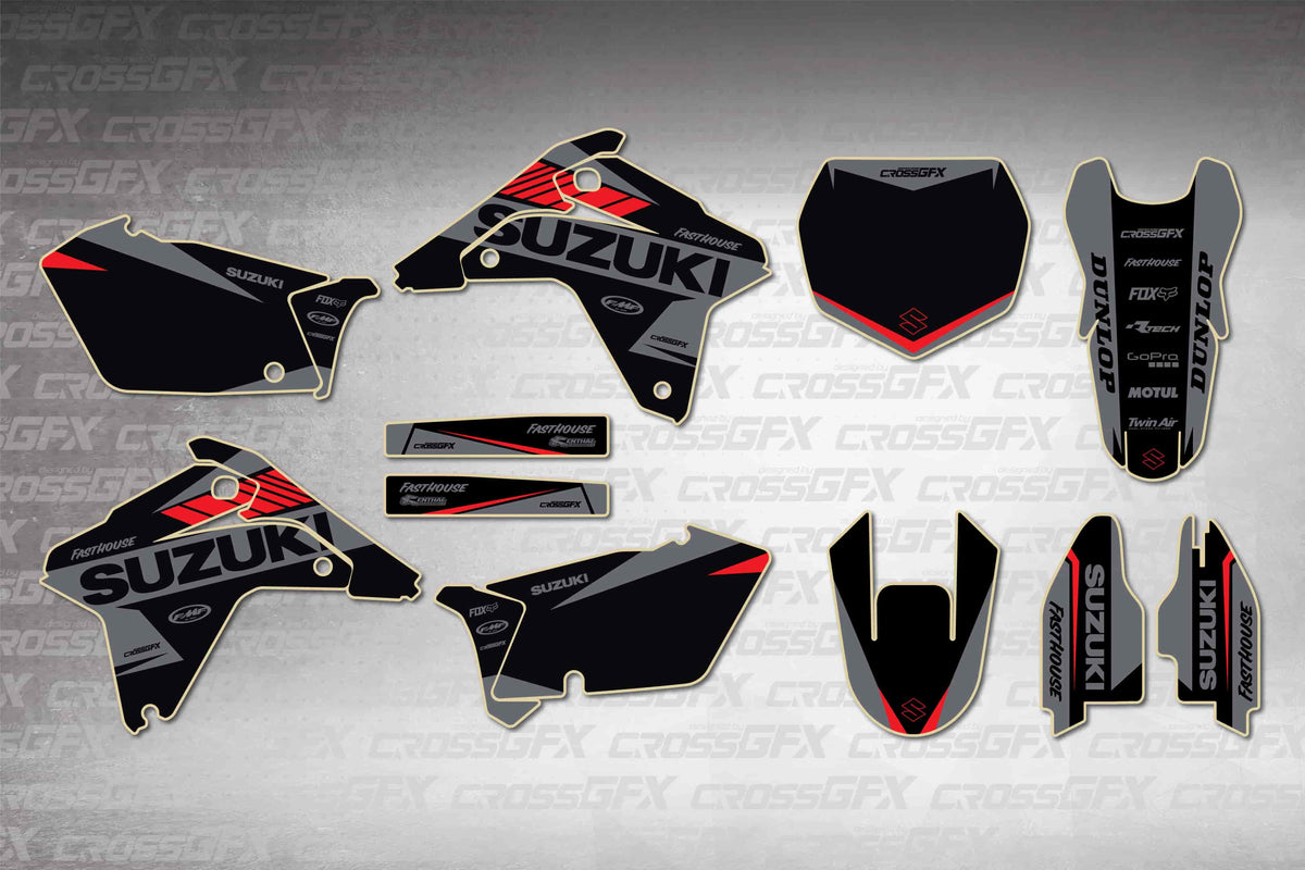 Graphics for Suzuki RMZ 450 2005-2006 - Blitz Red - flat layout showing all decal pieces included