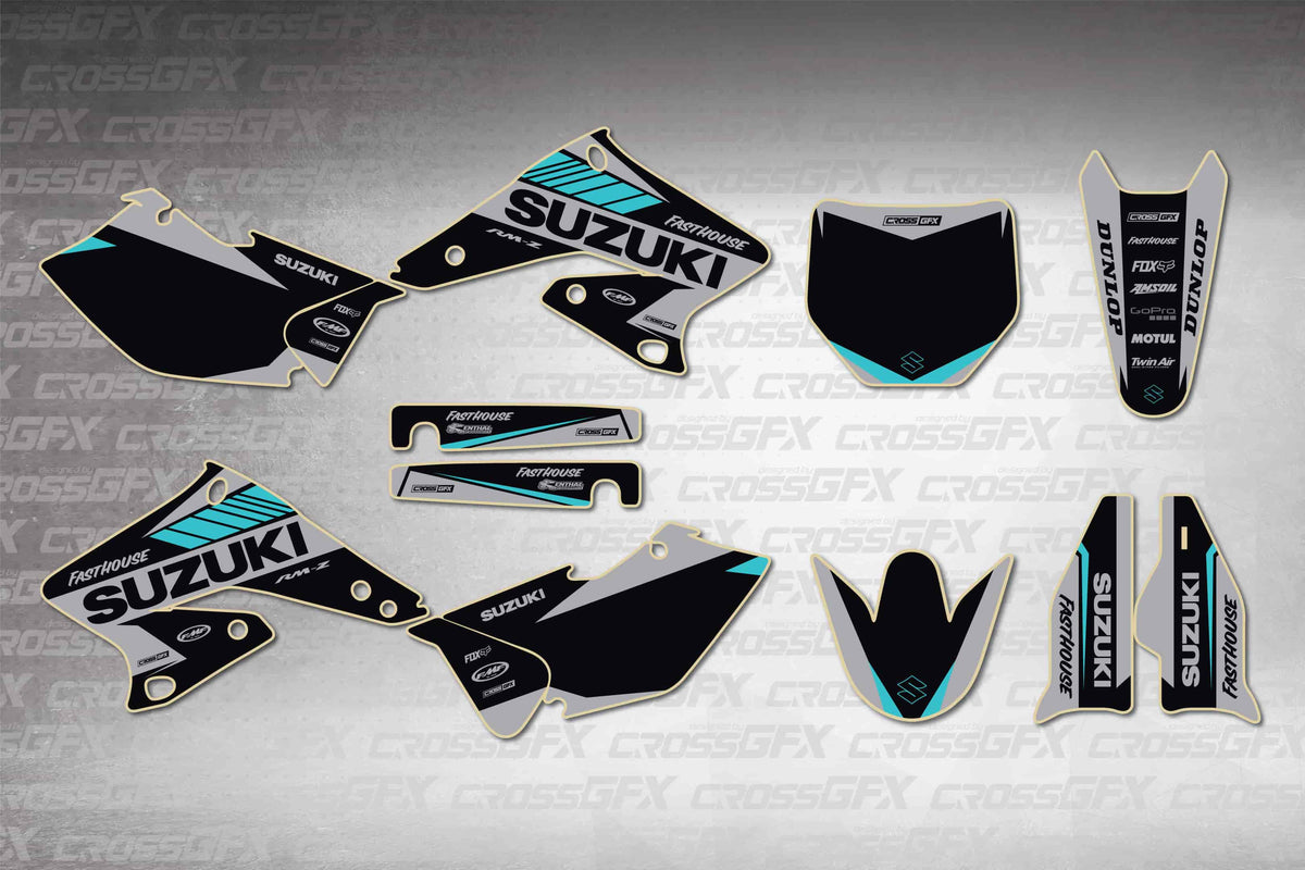 Graphics for Suzuki RMZ 250 2004-2006 - Blitz Teal - flat layout showing all decal pieces included