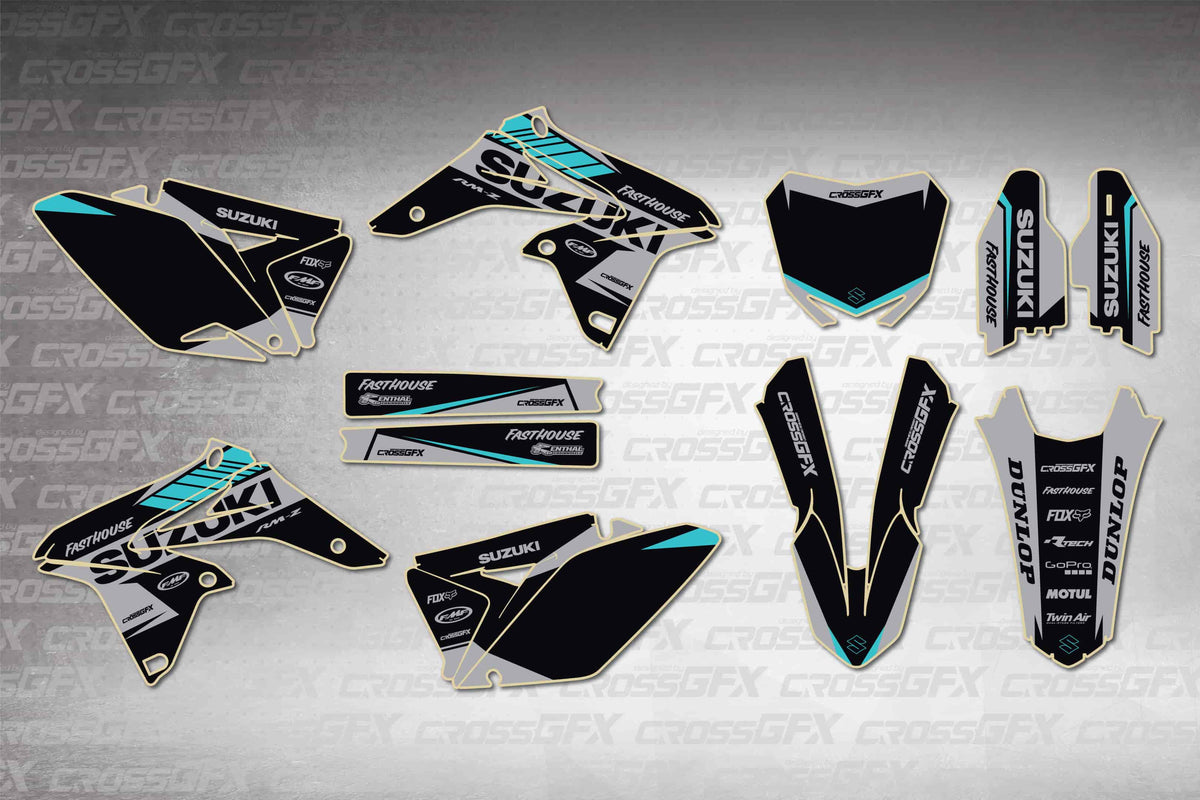Graphics for Suzuki RMZ 250 2010-2018 - Blitz Teal - flat layout showing all decal pieces included