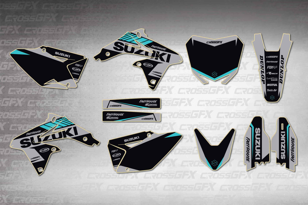 Graphics for Suzuki RMZ 450 2008-2017 - Blitz Teal - flat layout showing all decal pieces included
