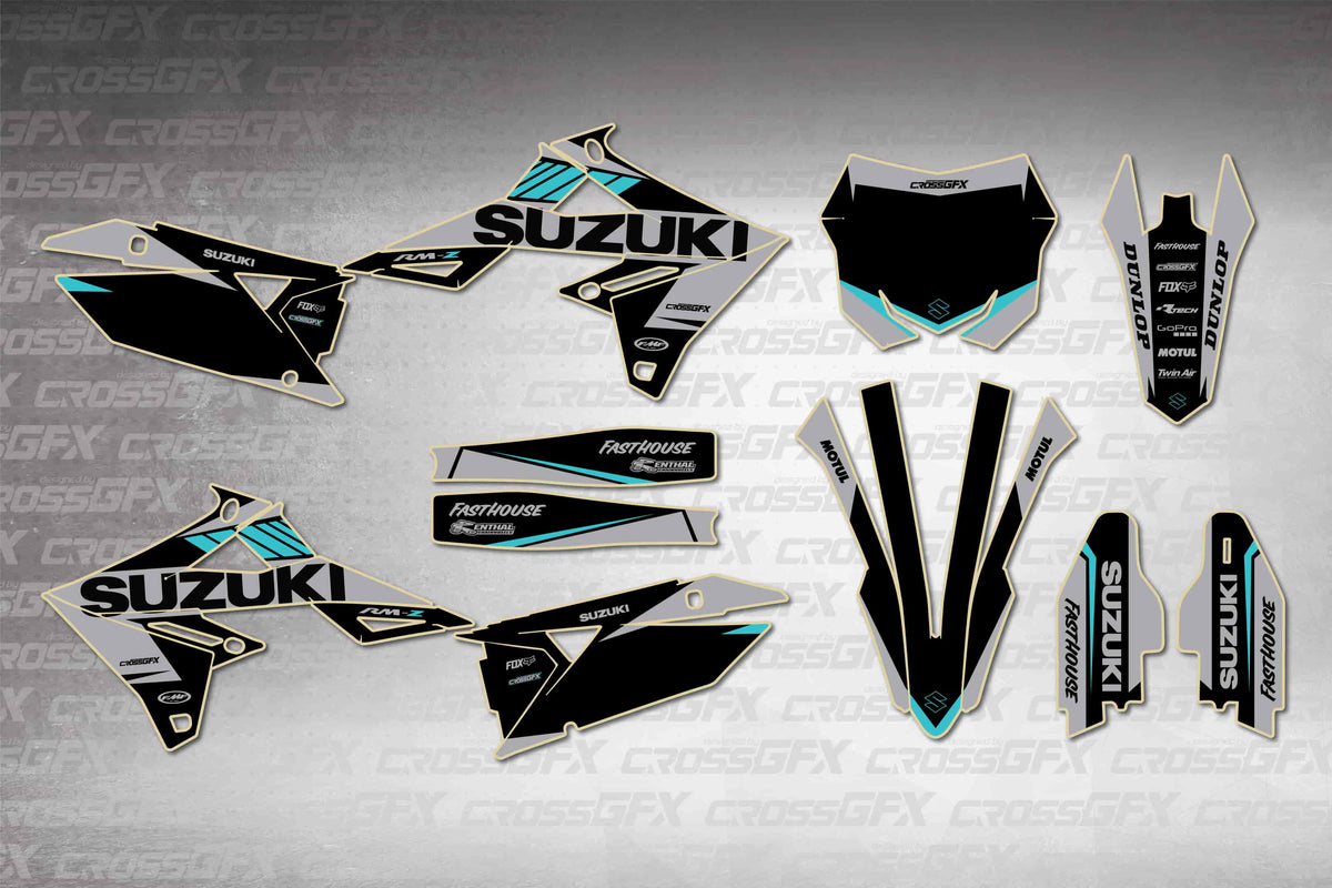Graphics for Suzuki RMZ 450 2018-2026 - Blitz Teal - flat layout showing all decal pieces included