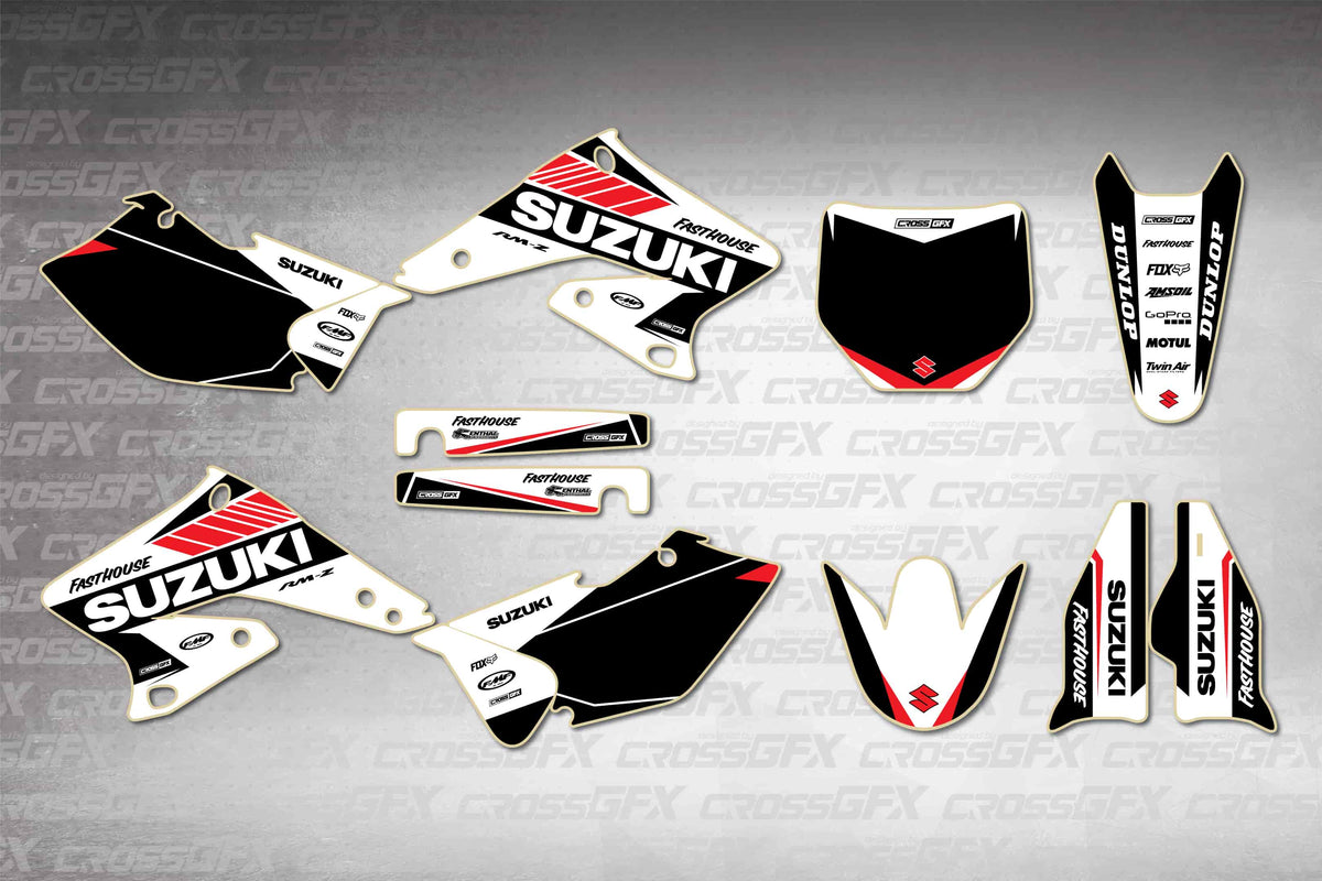 Graphics for Suzuki RMZ 250 2004-2006 - Blitz White - flat layout showing all decal pieces included