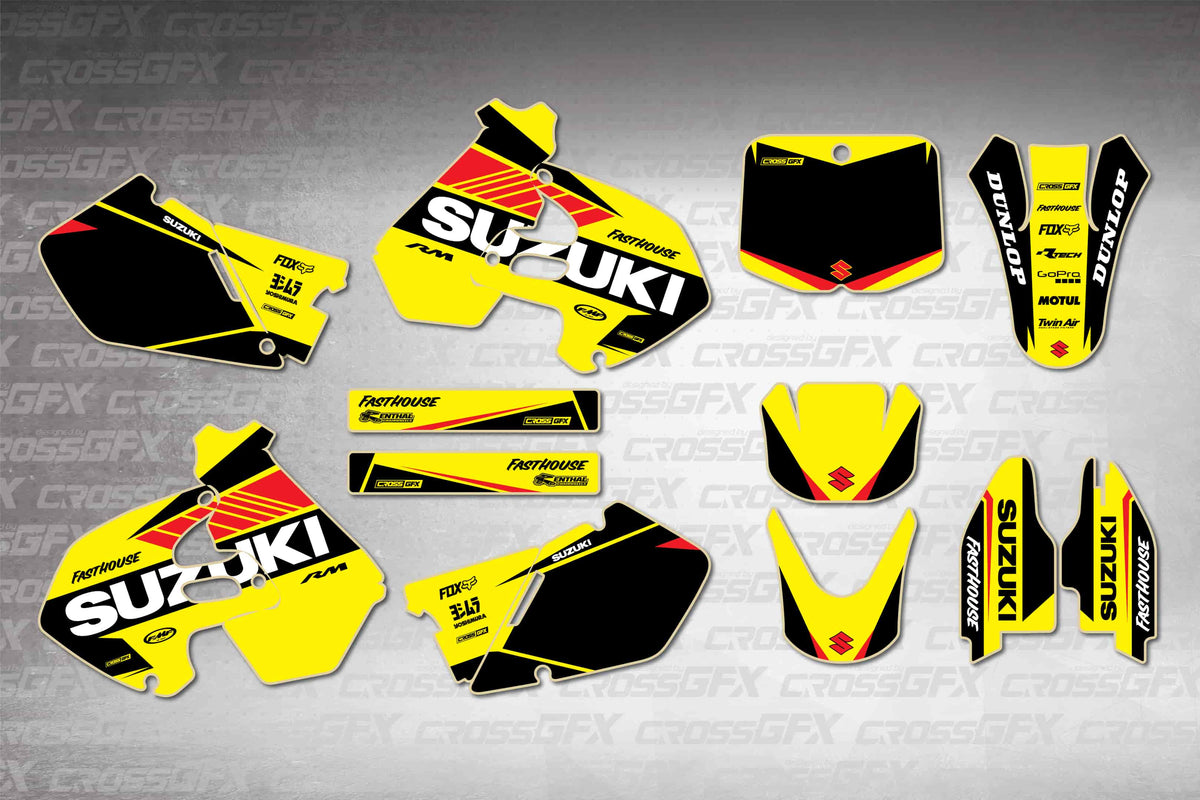 Graphics for Suzuki RM 250 1999-2000 - Blitz Yellow - flat layout showing all decal pieces included