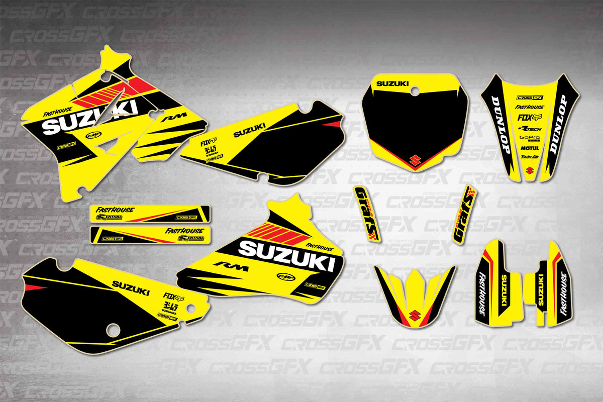 Graphics for Suzuki RM 85 2001-2004 - Blitz Yellow - flat layout showing all decal pieces included