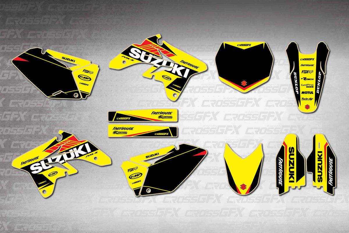 Graphics for Suzuki RMZ 250 2007-2009 - Blitz Yellow - flat layout showing all decal pieces included