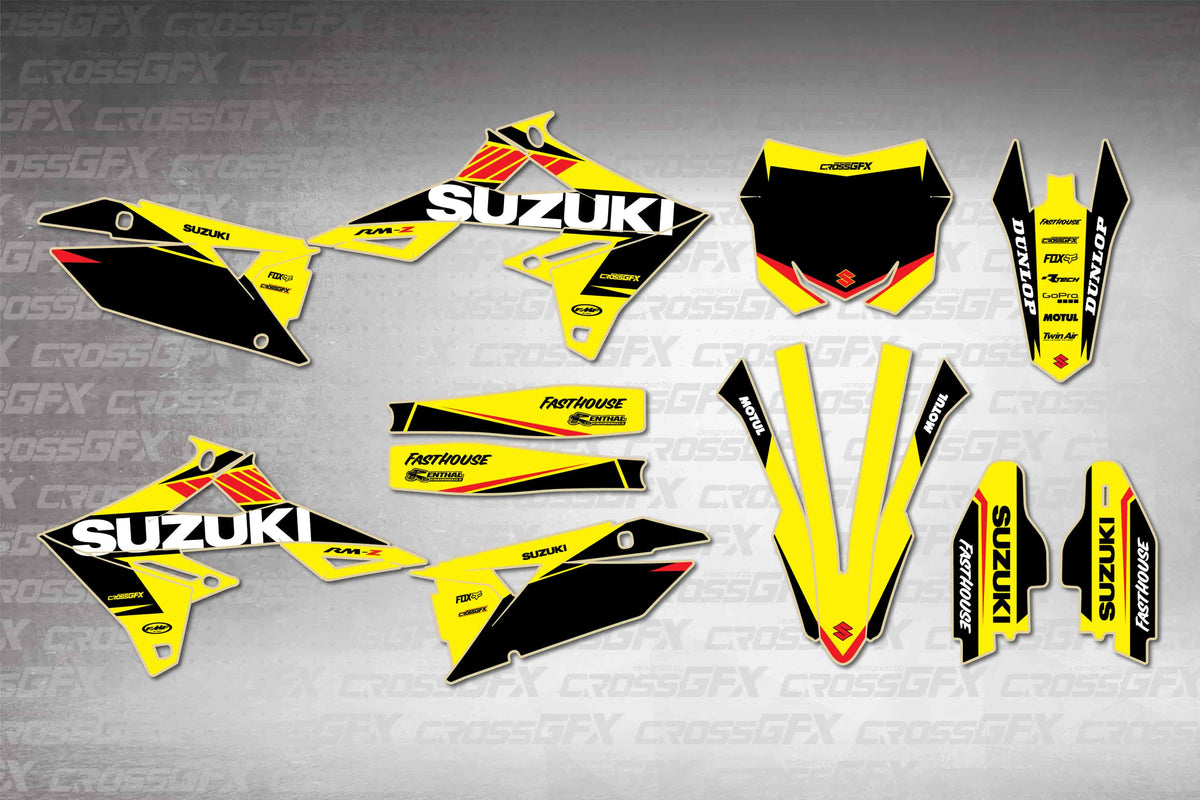 Graphics for Suzuki RMZ 450 2018-2026 - Blitz Yellow - flat layout showing all decal pieces included