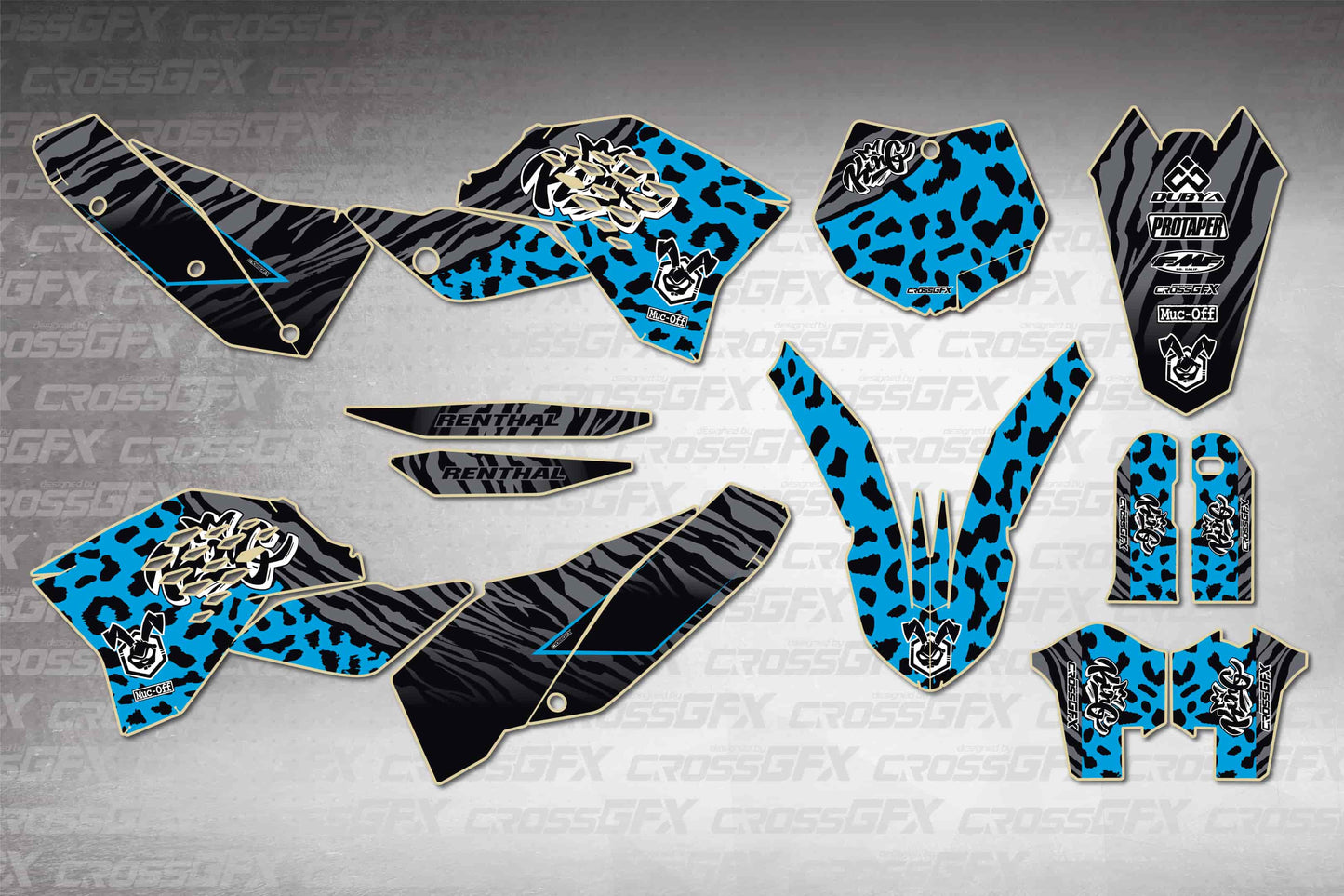 KTM XC-F 2008-2010 Panther Blue graphics kit - flat layout showing all decal pieces included