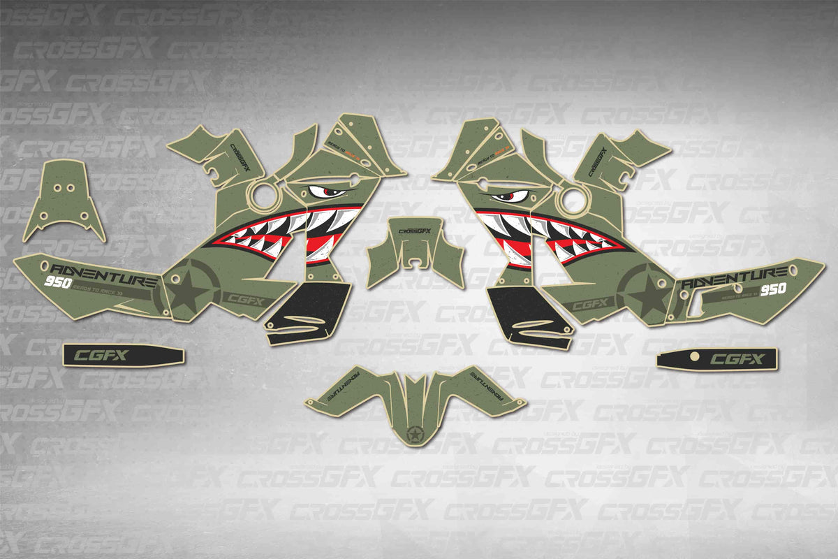 Graphics for KTM 950 Adventure 2003-2006 - Bomber Green - flat layout showing all decal pieces included