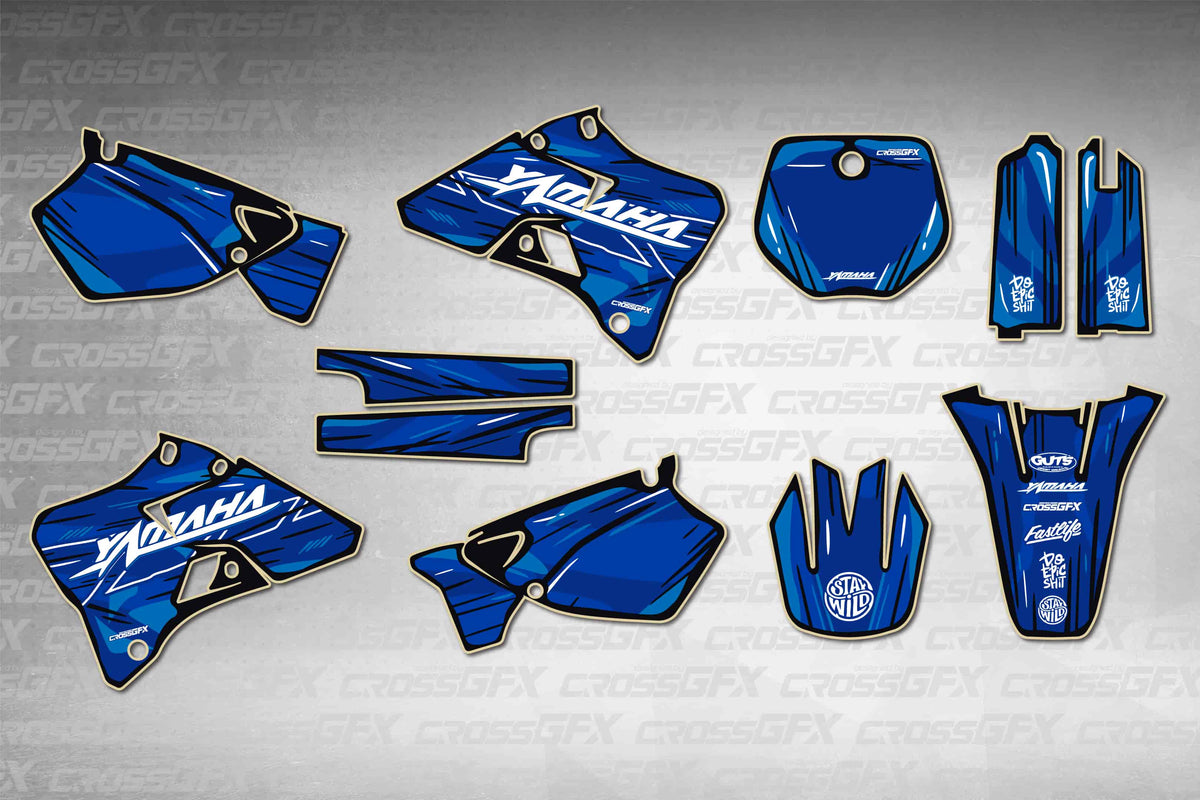 Graphics for Yamaha YZ 250 1996-1999 - Brush Blue - flat layout showing all decal pieces included