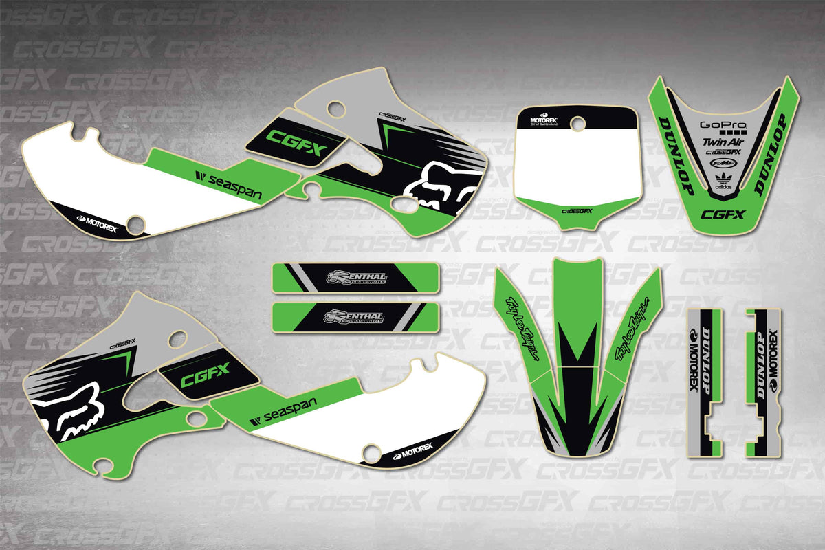 Graphics for Kawasaki KLX 110 2002-2009 - Cord Green - flat layout showing all decal pieces included