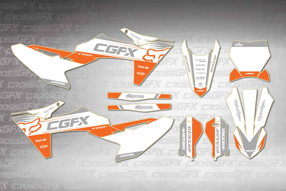KTM SX-E 3 2025-2026 Cord White graphics kit - flat layout showing all decal pieces included