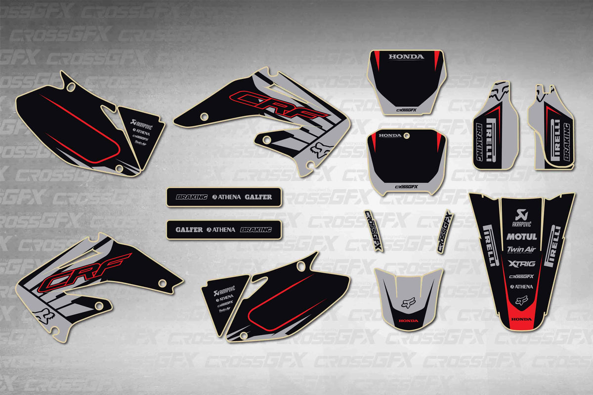 Graphics for Honda CRF 450R 2002-2004 - Crisp Grey - flat layout showing all decal pieces included