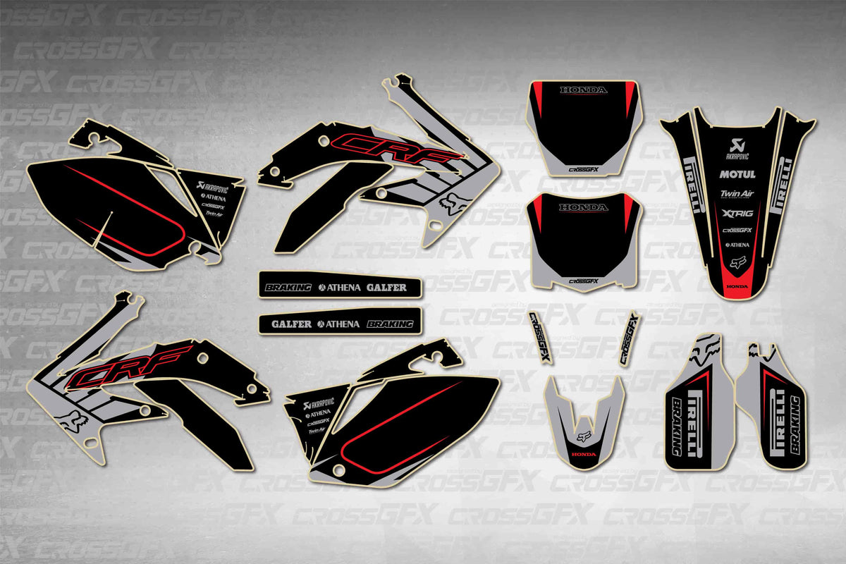 Graphics for Honda CRF 450R 2005-2008 - Crisp Grey - flat layout showing all decal pieces included