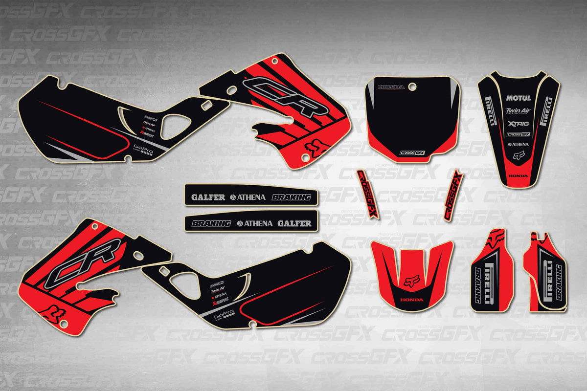 Graphics for Honda CR 250R 1997-1999 - Crisp Red - flat layout showing all decal pieces included