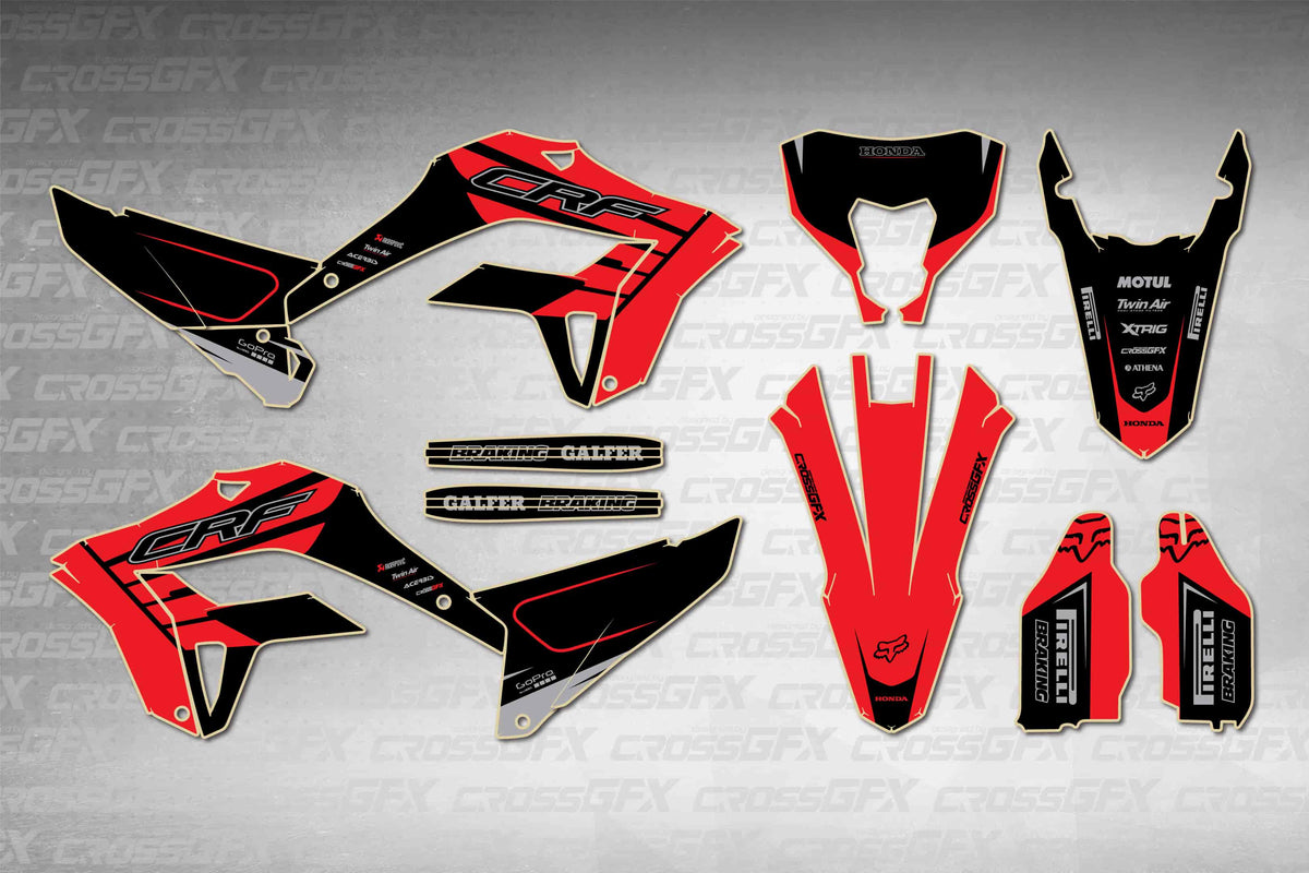 Honda CRF 250L 2025-2026 Crisp Red graphics kit - flat layout showing all decal pieces included