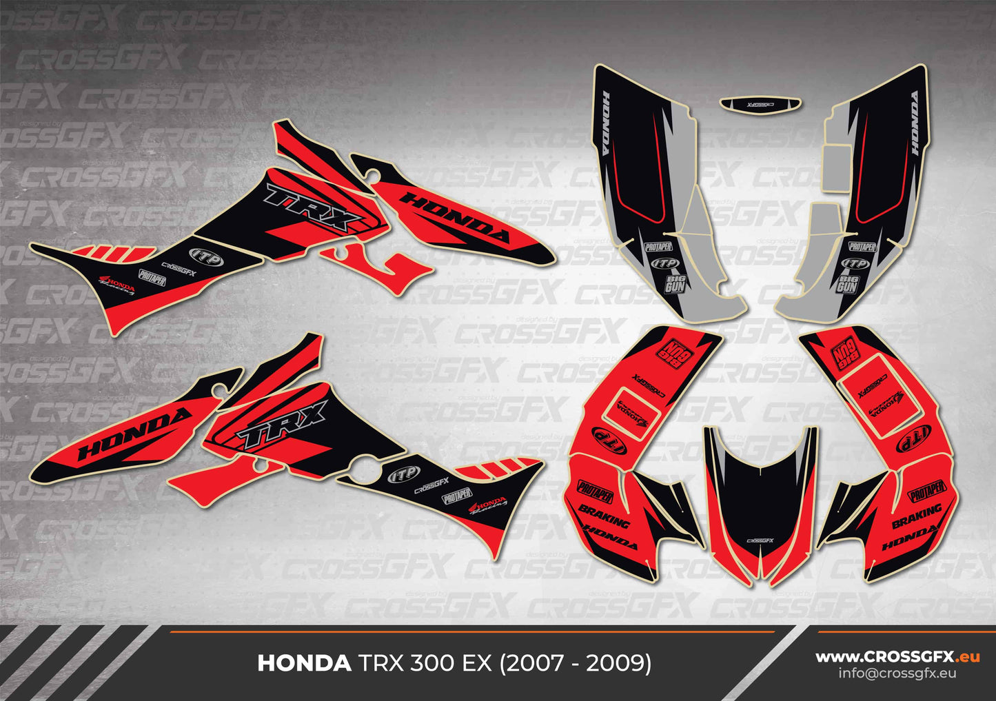 Crisp Red graphics kit layout for Honda TRX 300 EX, model years 2007–2009.