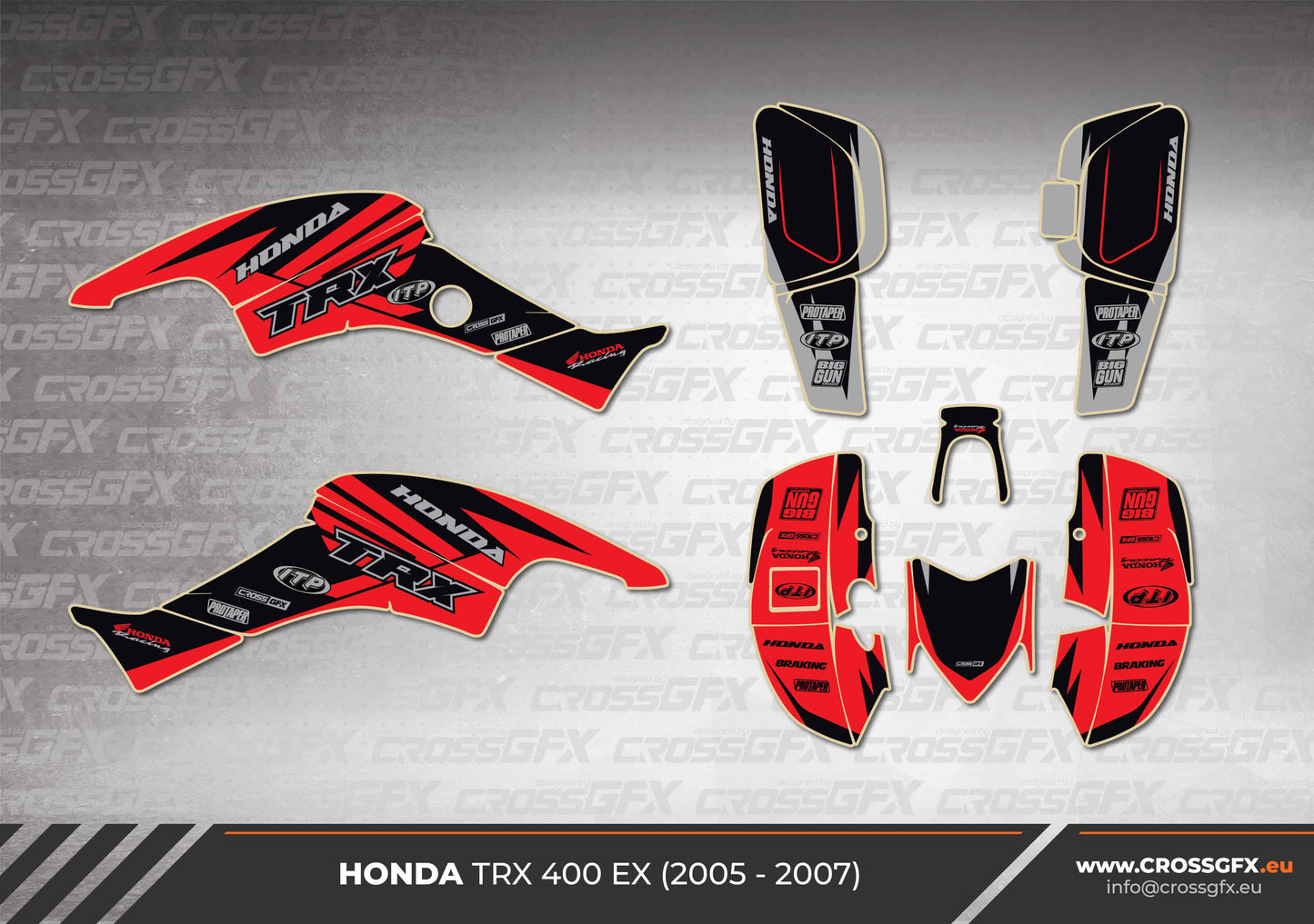 Honda TRX 400 EX Crisp Red graphics kit 2D layout.