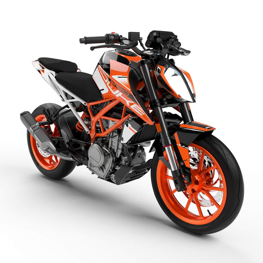 Front view of the Flow Orange decal kit installed on a KTM Duke 390 motorcycle.