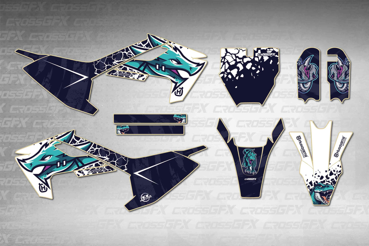 Graphics for Husqvarna TC 50 2017-2019 - Dino Teal - flat layout showing all decal pieces included