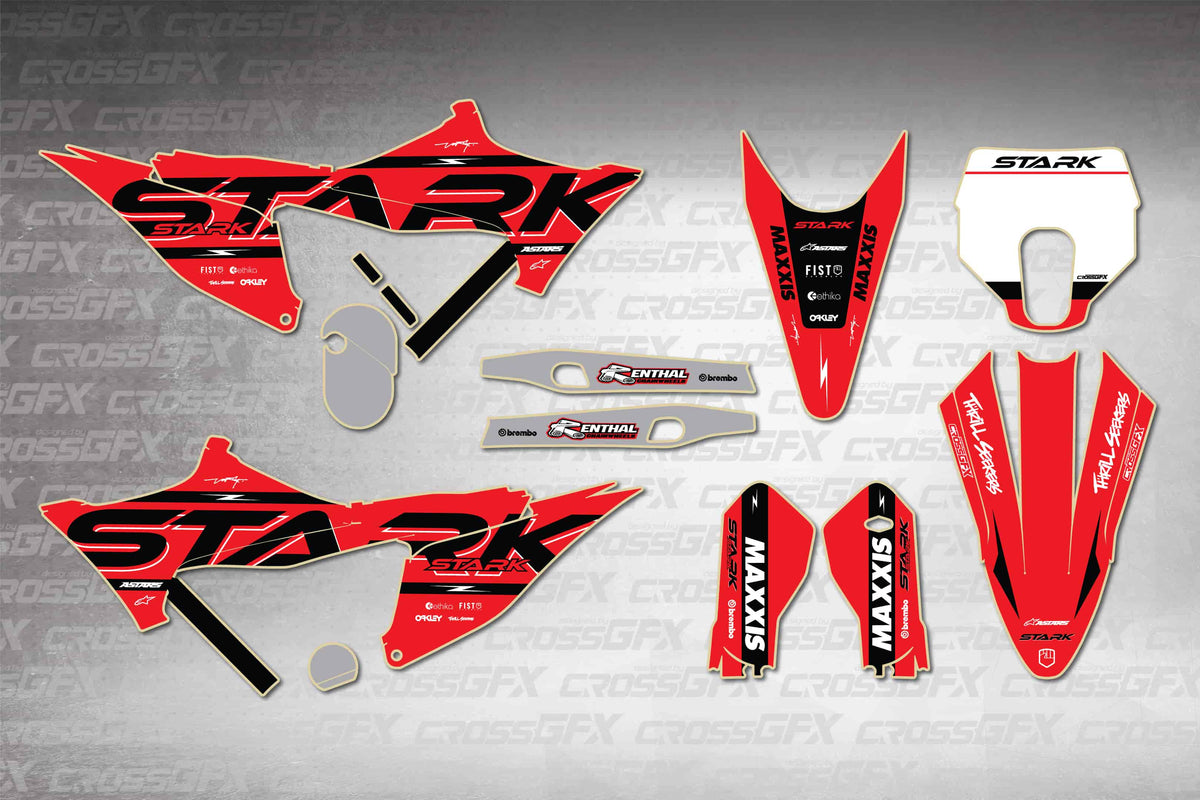 Stark Varg EX First Red graphics kit - flat layout showing all decal pieces included