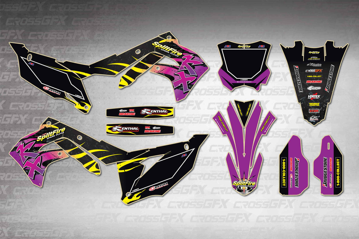 Graphics for Kawasaki KX 450SR 2022-2023 - Flame Purple - flat layout showing all decal pieces included