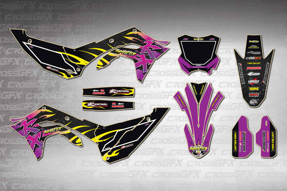 Graphics for Kawasaki KX 450X 2024-2026 - Flame Purple - flat layout showing all decal pieces included