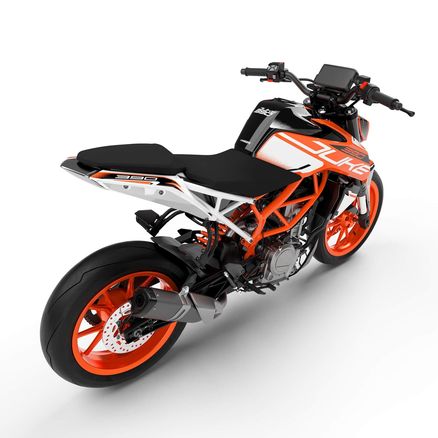 Rear view of the Flow Orange decal kit on a KTM Duke street bike.