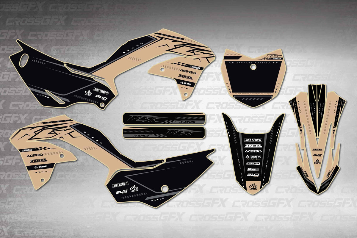 Graphics for Kawasaki KLX 230R 2020-2024 - Flux Brown - flat layout showing all decal pieces included