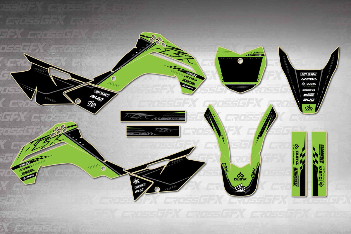 Graphics for Kawasaki KLX 140 2008-2018 - Flux Green - flat layout showing all decal pieces included