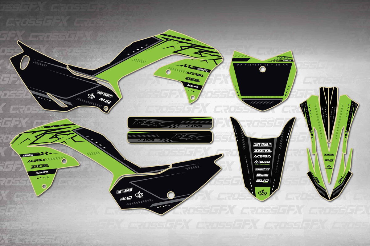 Graphics for Kawasaki KLX 230R 2020-2024 - Flux Green - flat layout showing all decal pieces included