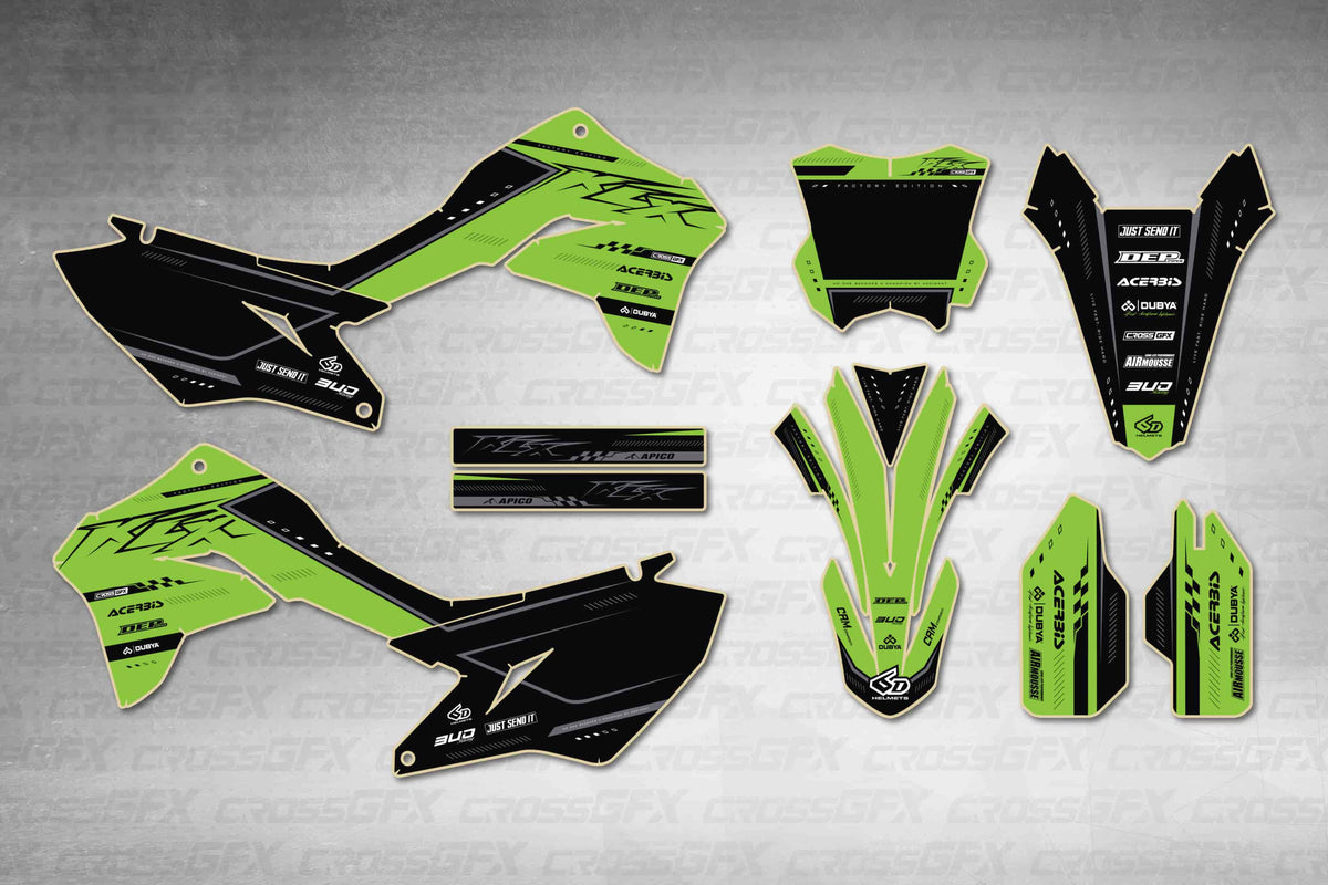 Graphics for Kawasaki KLX 300R 2020-2025 - Flux Green - flat layout showing all decal pieces included