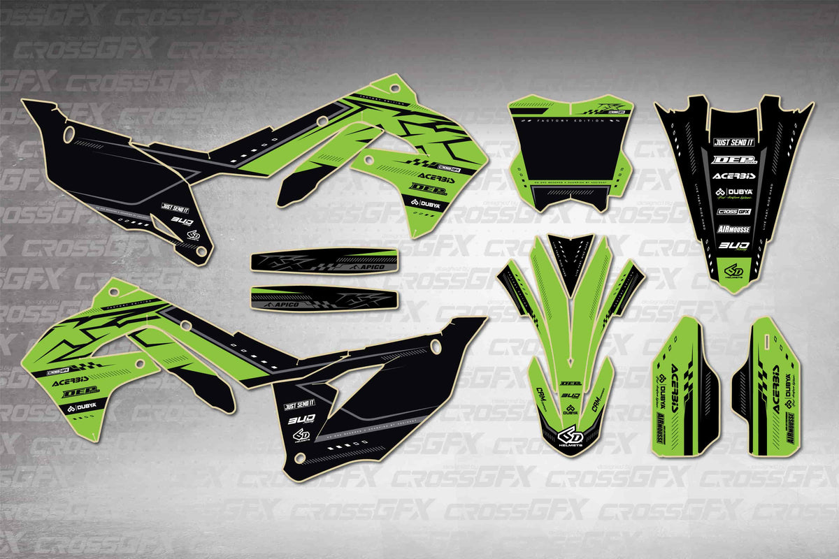 Graphics for Kawasaki KX 250 2021-2024 - Flux Green - flat layout showing all decal pieces included