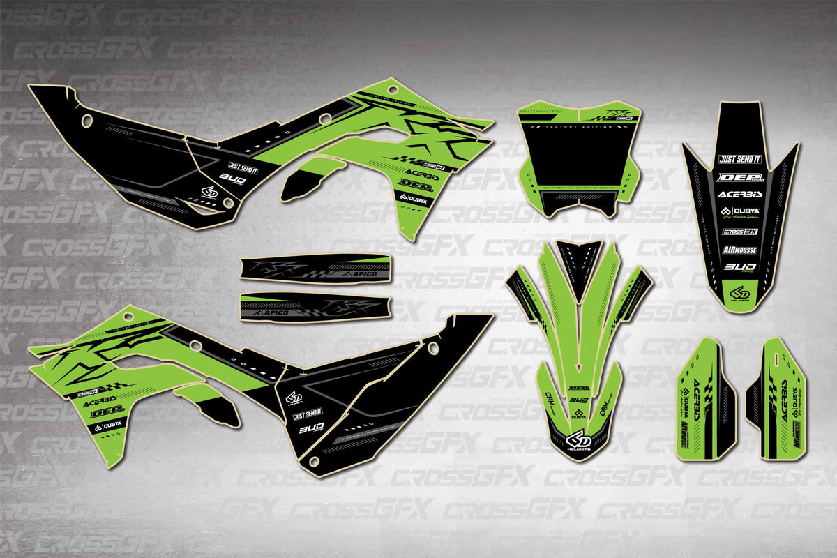 Graphics for Kawasaki KX 250 2025-2026 - Flux Green - flat layout showing all decal pieces included