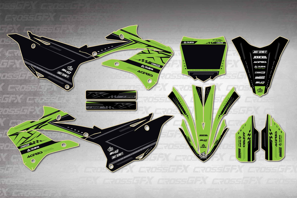 Graphics for Kawasaki KX 85 2022-2025 - Flux Green - flat layout showing all decal pieces included