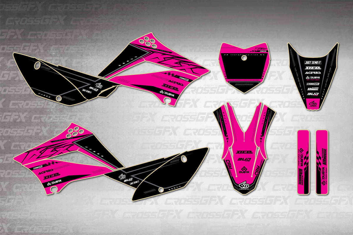 Graphics for Kawasaki KLX 110 2010-2026 - Flux Pink - flat layout showing all decal pieces included