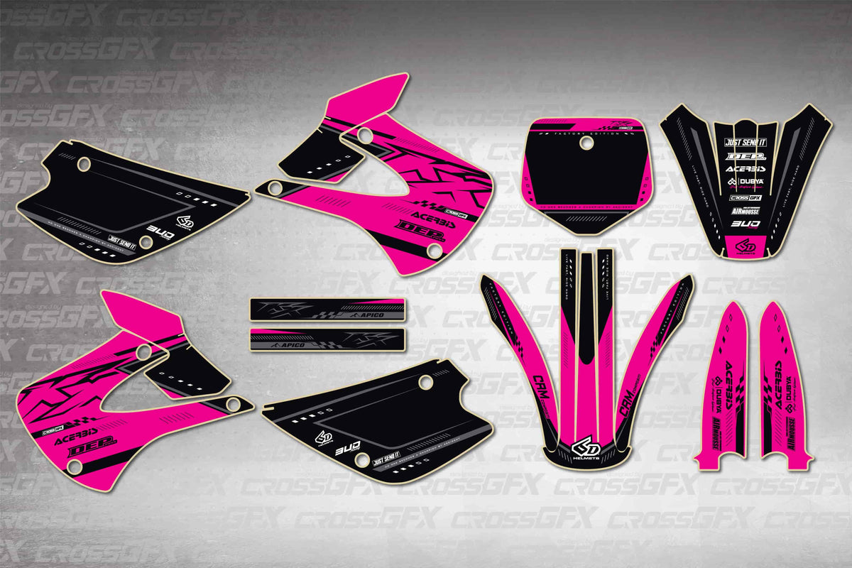 Graphics for Kawasaki KX 100 2001-2013 - Flux Pink - flat layout showing all decal pieces included
