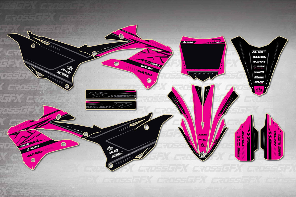 Graphics for Kawasaki KX 112 2022-2025 - Flux Pink - flat layout showing all decal pieces included